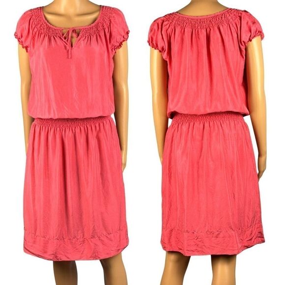 Talbots Petites 100%‎ Silk Coral Dress Sz Small Puffed Short Sleeve Side Pockets - Picture 1 of 6